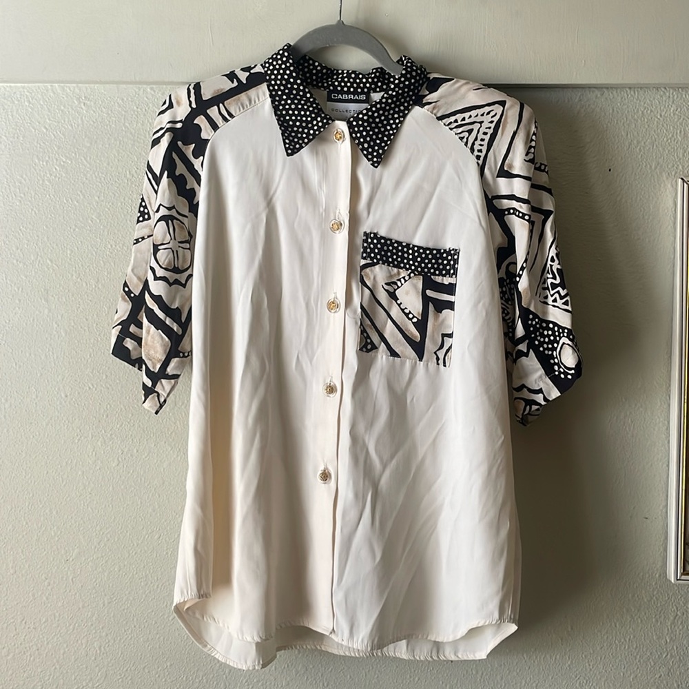 Vintage Cabrais Collection patchwork short sleeve button down blouse top